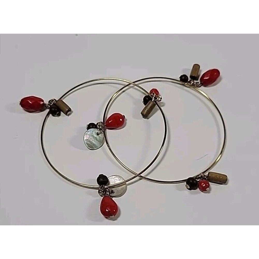 Avon Gold Tone Beaded Bangle Bracelet Lot Of 2 Red Brown Mother Of Pearl Beads